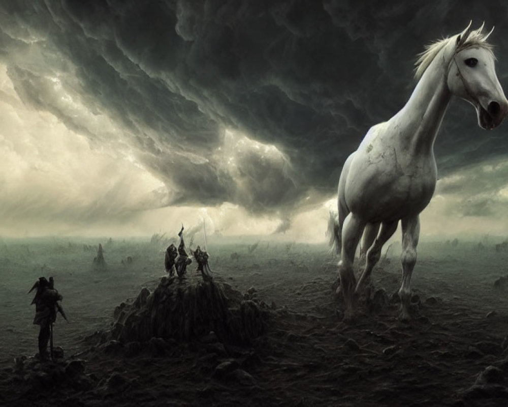 Ghostly White Horse and Armored Figures in Stormy Landscape