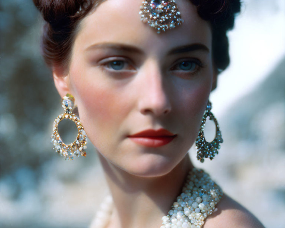 Vintage makeup portrait of a woman with ornate headpiece, hoop earrings, and pearl necklace