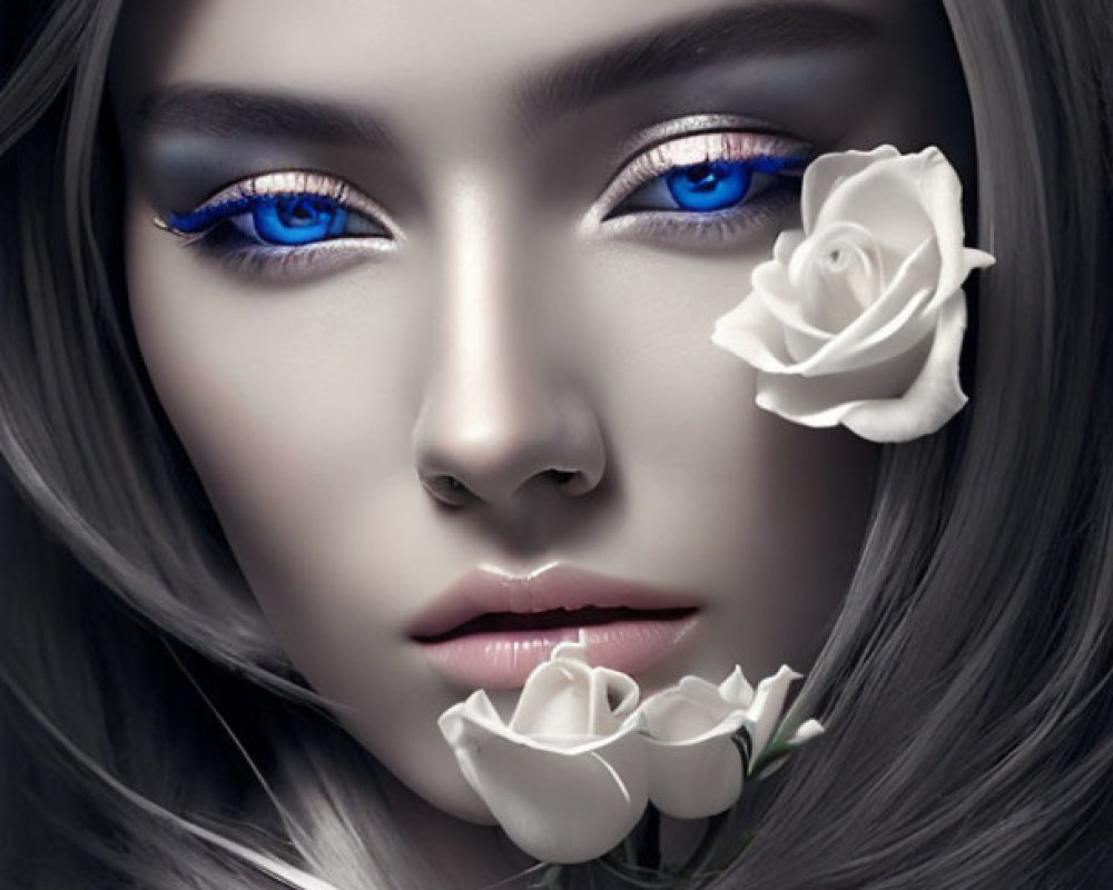 Grayscale image of woman with blue eyes and white roses in hair