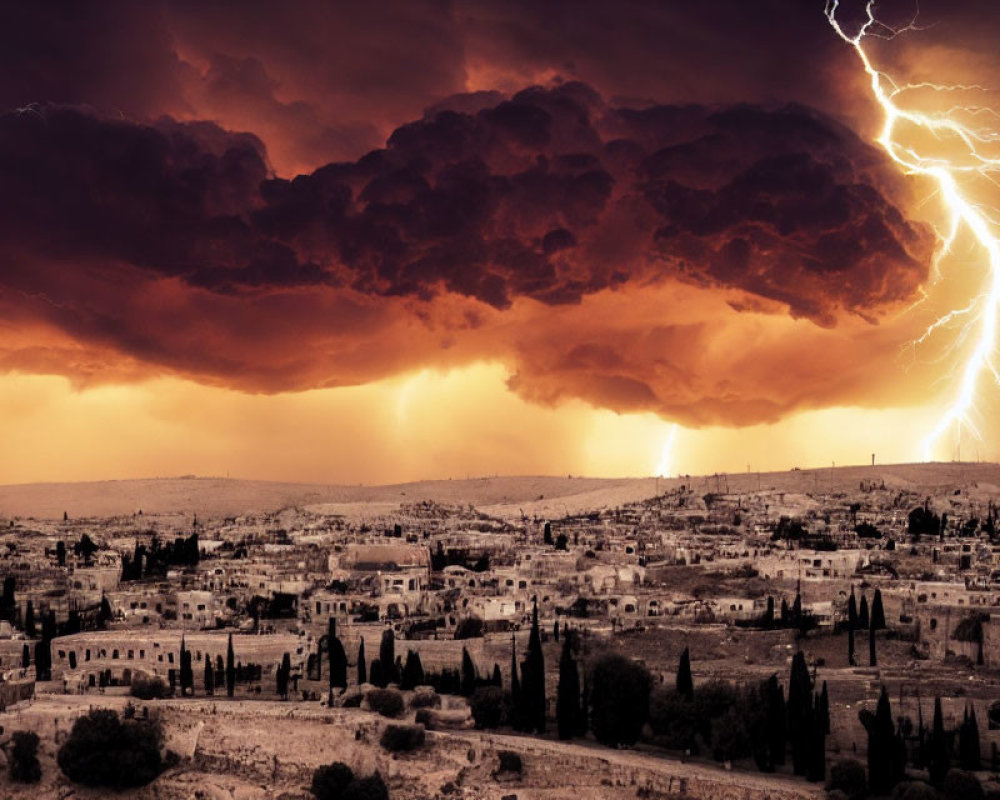 Dramatic Lightning Storm Over Ancient Cityscape