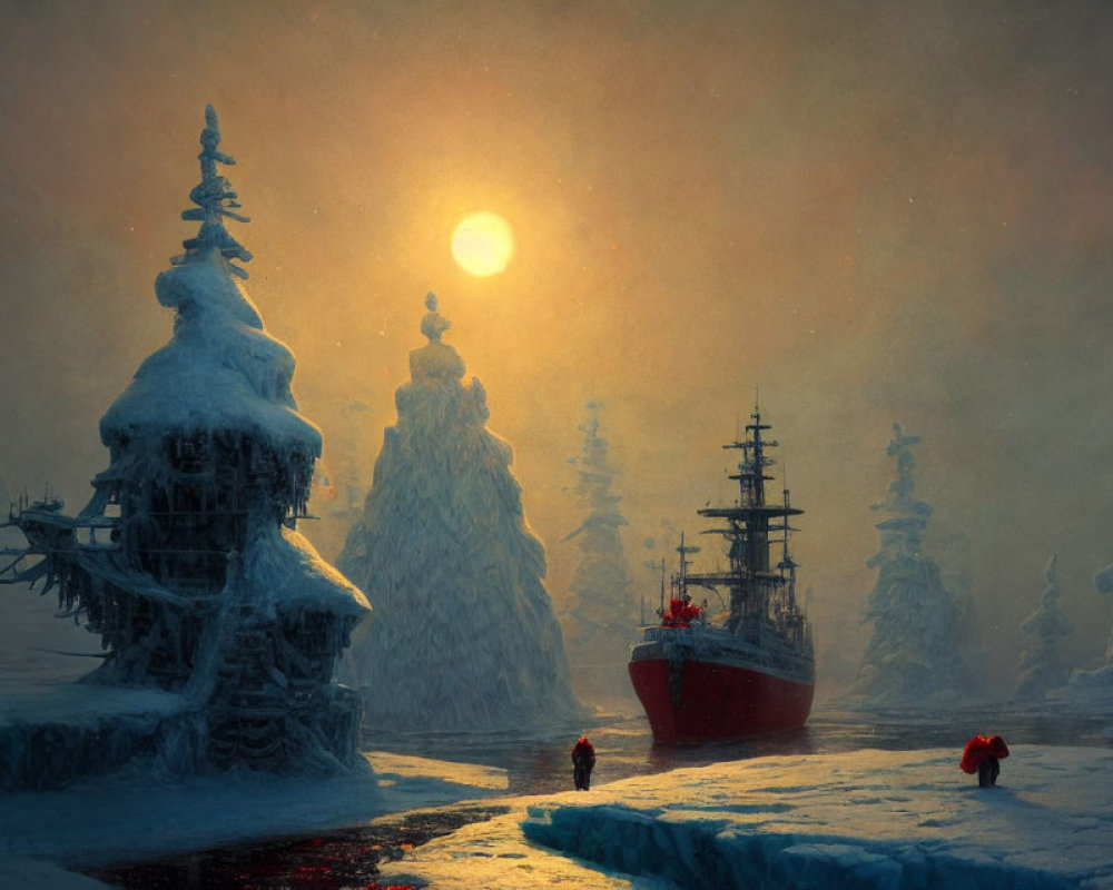 Snowy Landscape with Red Ship, Icy Shore, and Snow-Covered Trees