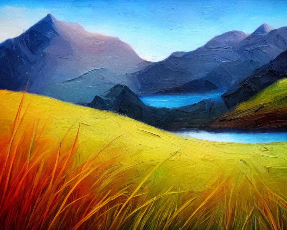 Colorful mountain landscape painting with lake and golden grasses