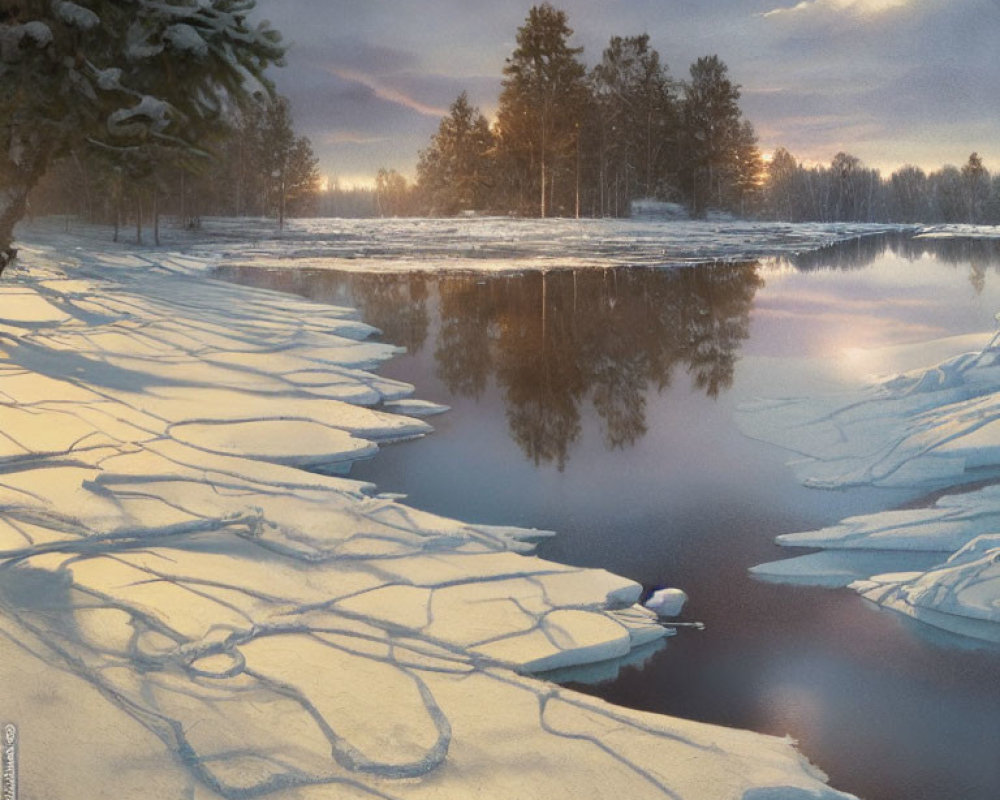 Snow-covered ice sheets on calm riverbank at dusk with silhouetted trees