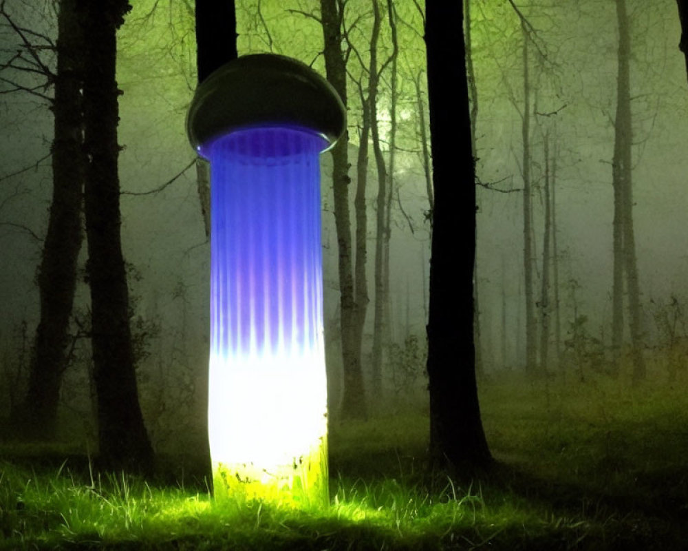 Mushroom-shaped lamp lights up foggy forest at night