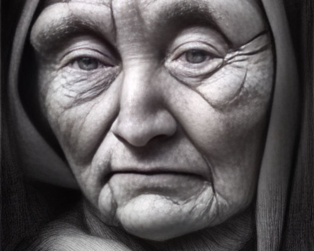 Portrait of elderly woman with deep wrinkles and expressive eyes in shawl