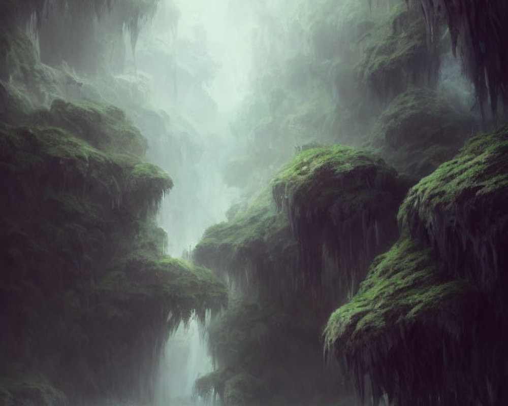 Mystical foggy forest with moss-covered trees and figures in white robes