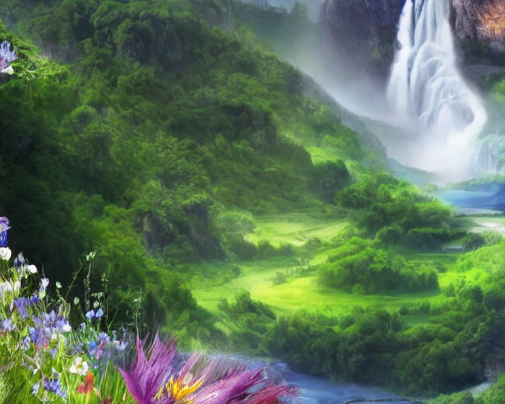 Scenic green valley with vibrant flowers, dual waterfalls, and ominous clouds.