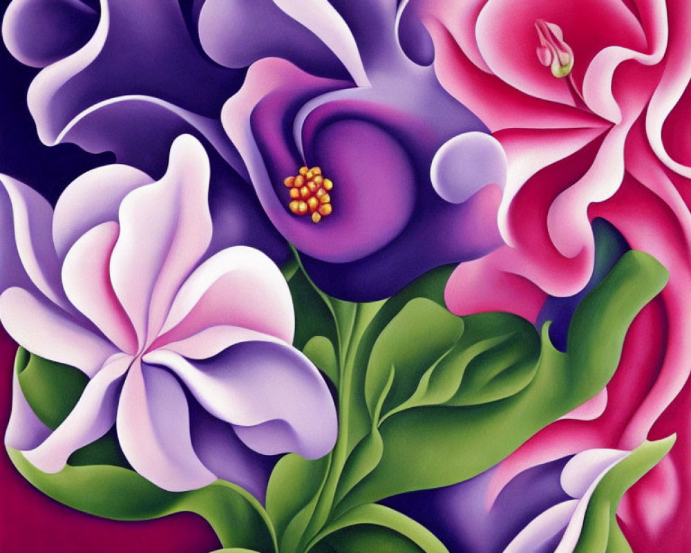 Colorful painting of purple, pink, and white flowers with green leaves