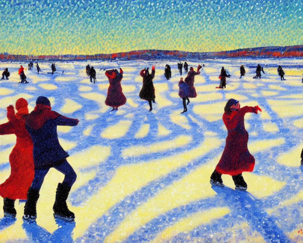 Vibrant ice skating scene on frozen water with shadows under blue sky