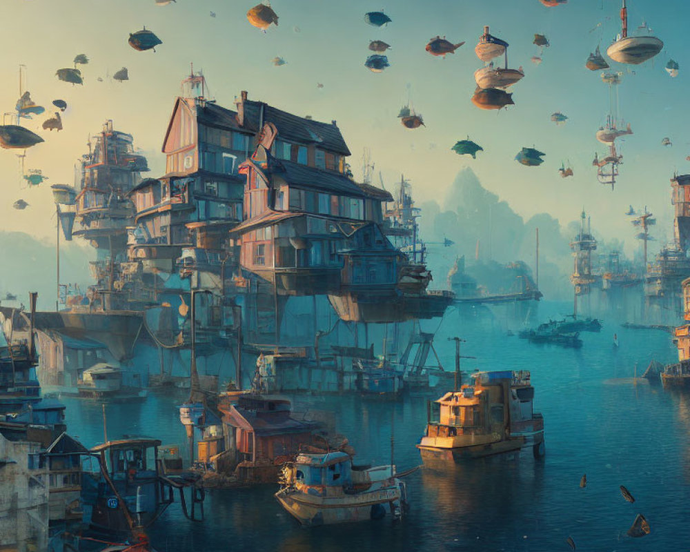 Futuristic waterside cityscape with floating houses and boats under hazy sky