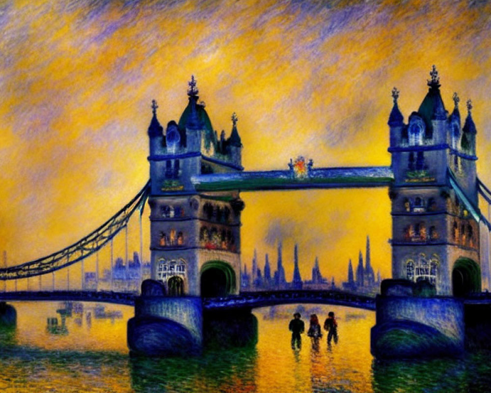 Tower Bridge in London at Dusk with Orange and Yellow Sky Hues