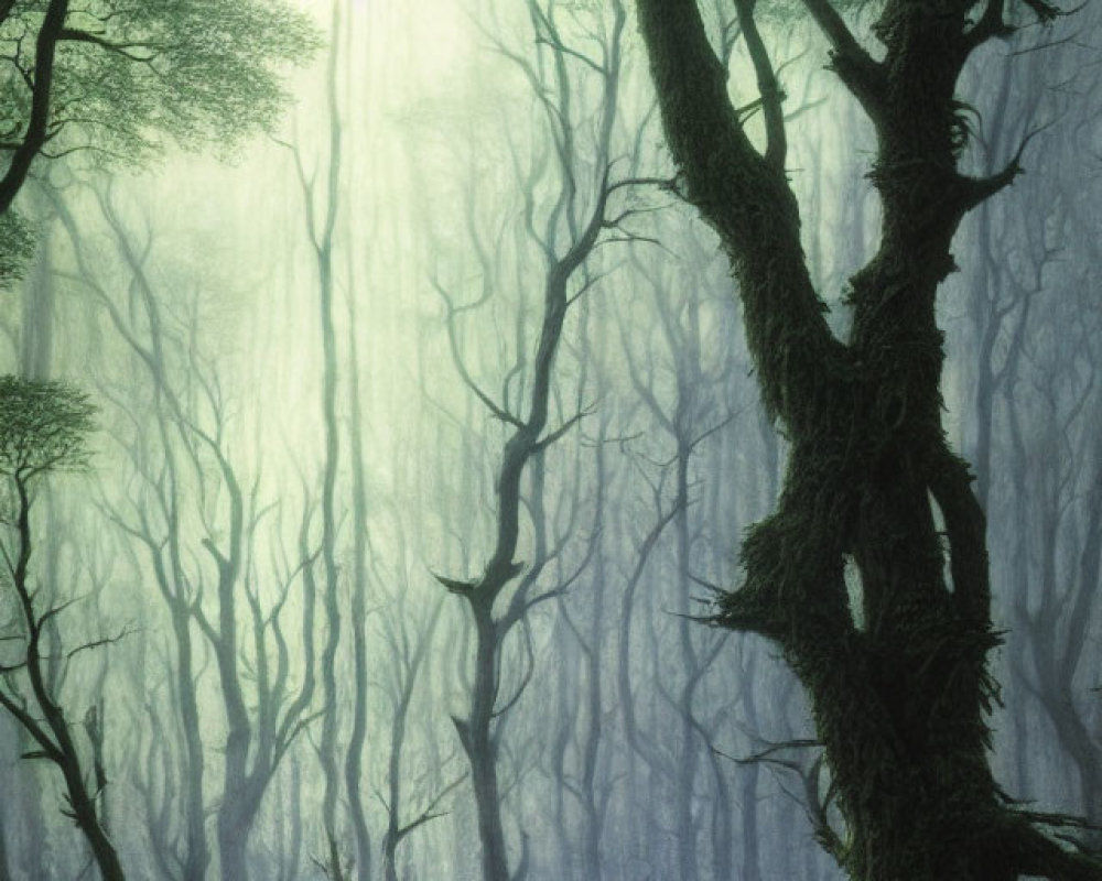 Moss-covered trees in misty forest light