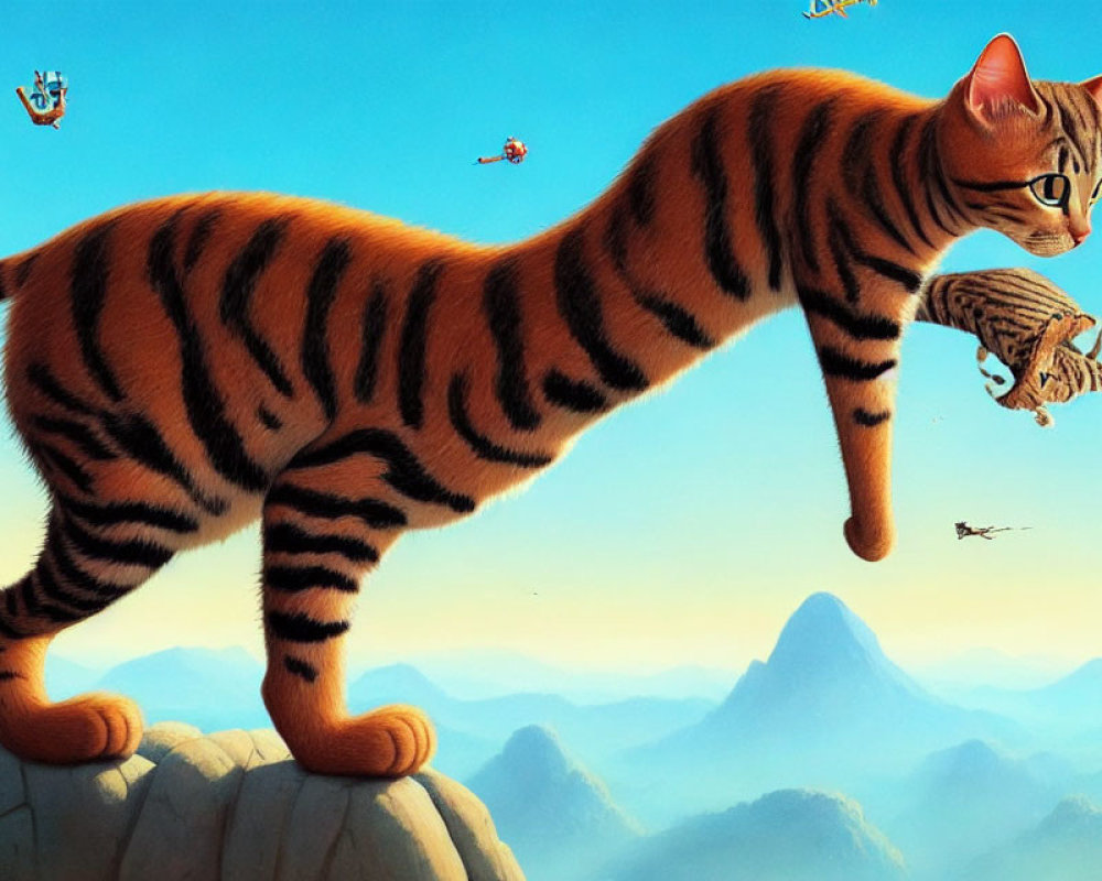 Whimsical digital artwork: Giant cat with tiger stripes among mountains