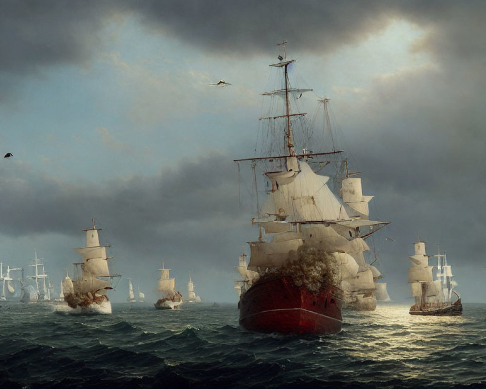 Tall ships with billowing sails in stormy seas and cannon smoke.