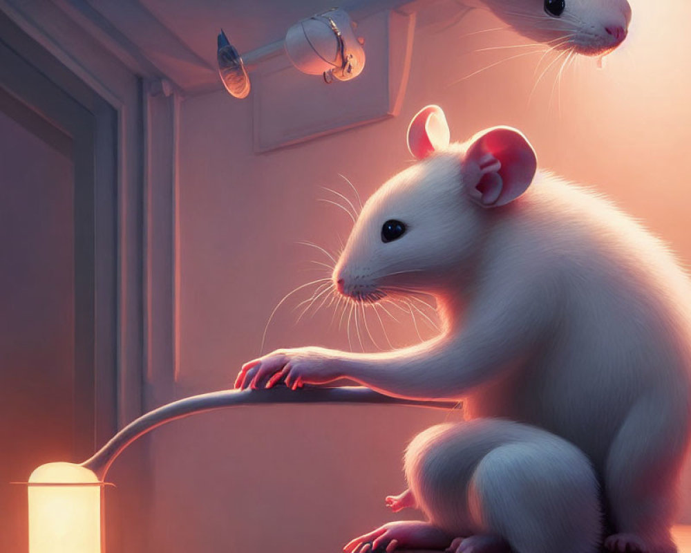 Stylized white mouse turning on floor lamp with smaller mouse observing