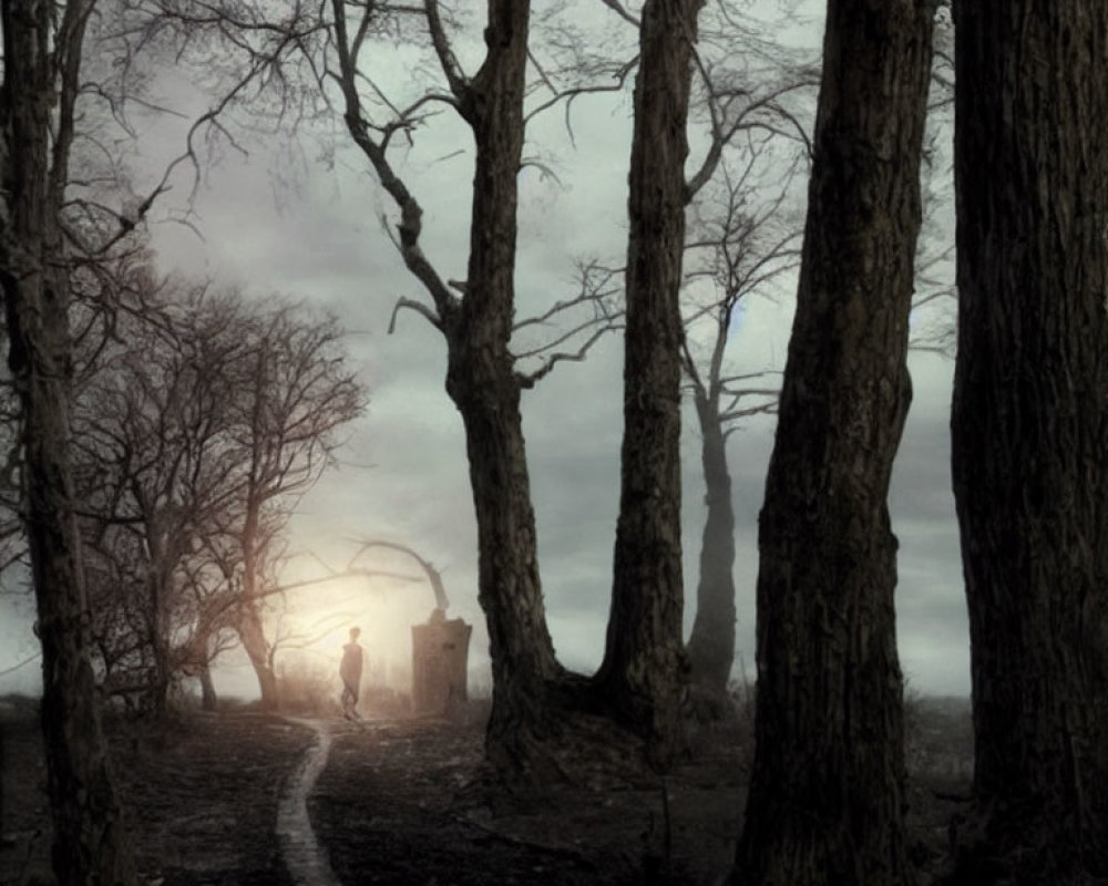 Foggy forest scene with twisted path and old stone structure