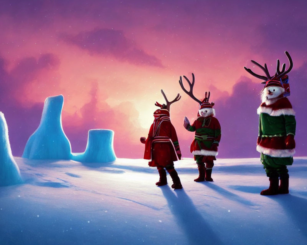 Three animated reindeer characters in winter clothing under purple and pink sunset sky