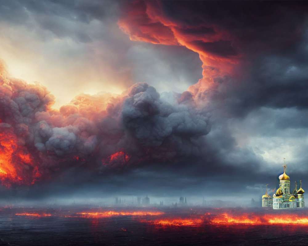 Apocalyptic scene with golden-domed building in fiery skies