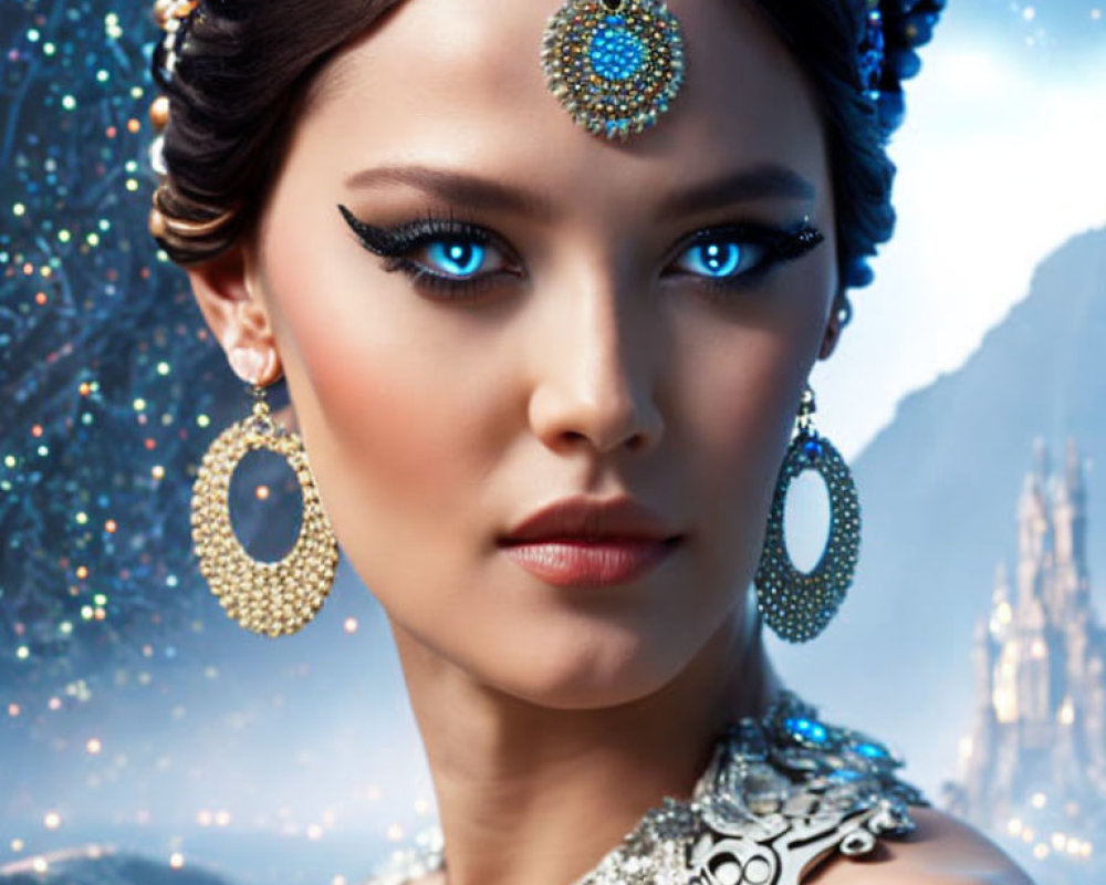 Woman with Striking Blue Eyes and Elaborate Jewelry on Sparkling Background