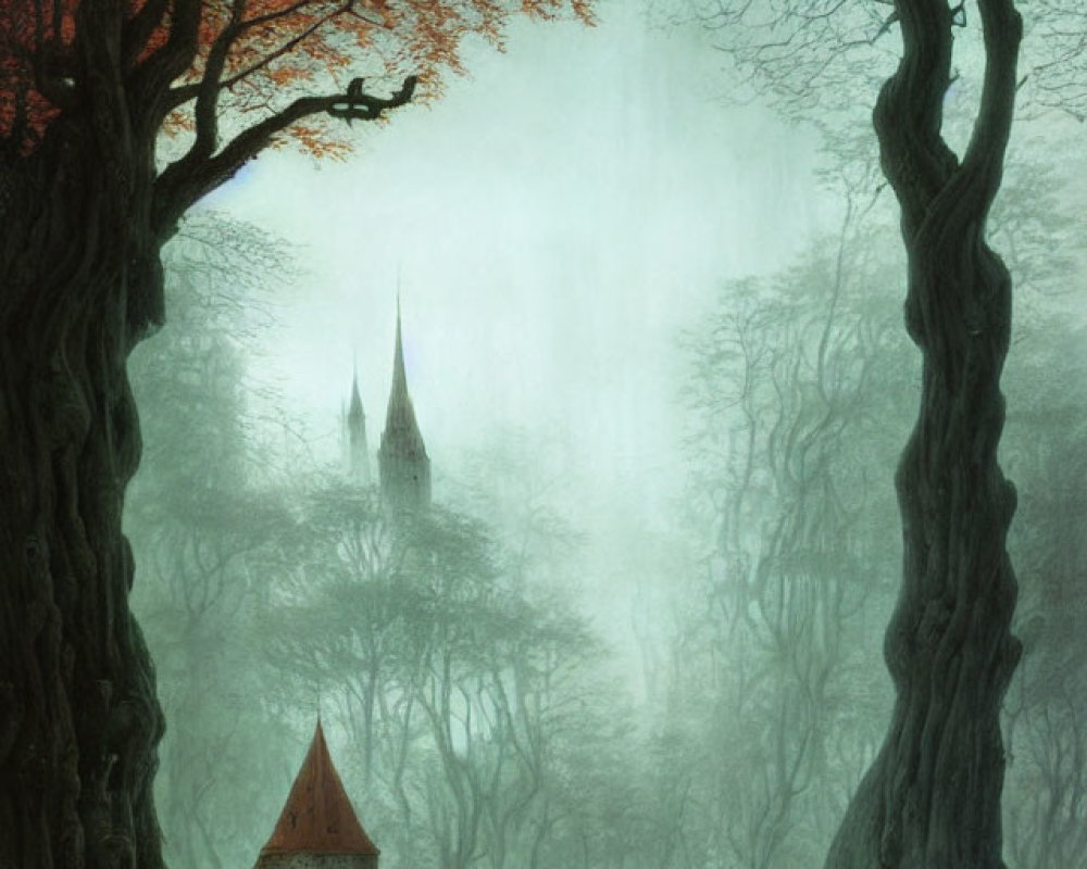 Majestic forest scene with mist, red-leaved tree, and ancient castle spires