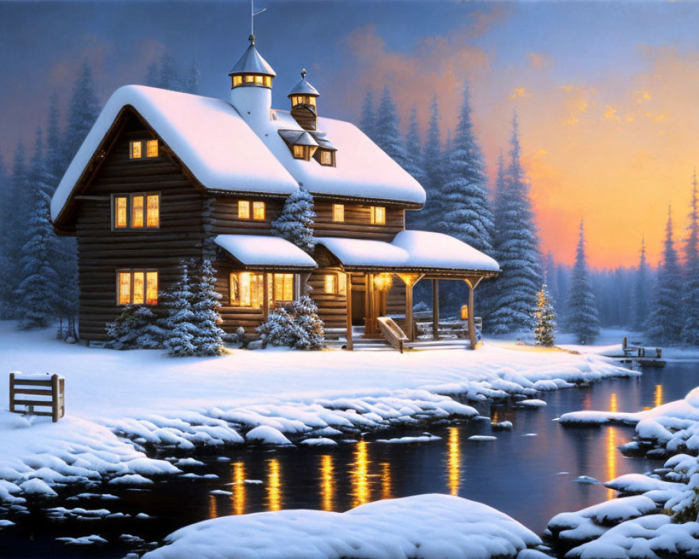 Snowy log cabin with lit interior by tranquil frozen river