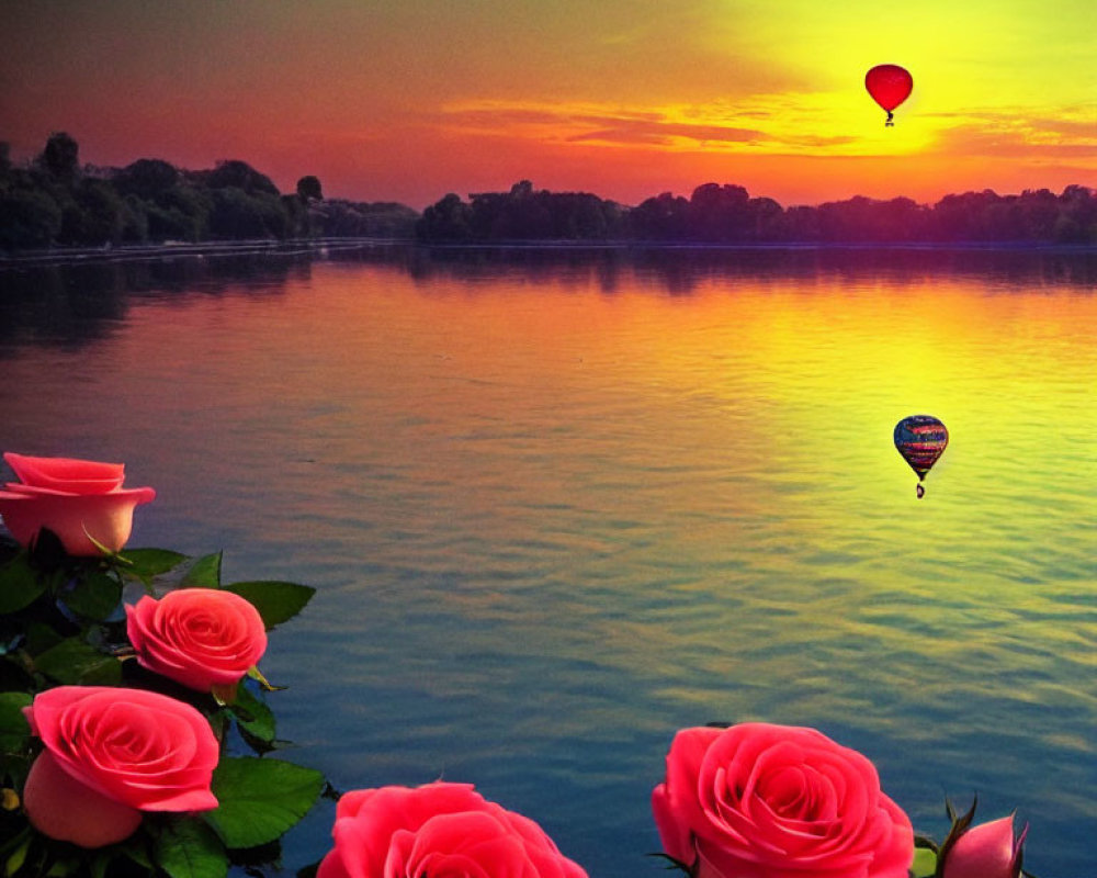 Tranquil lake at sunset with hot air balloons and pink roses