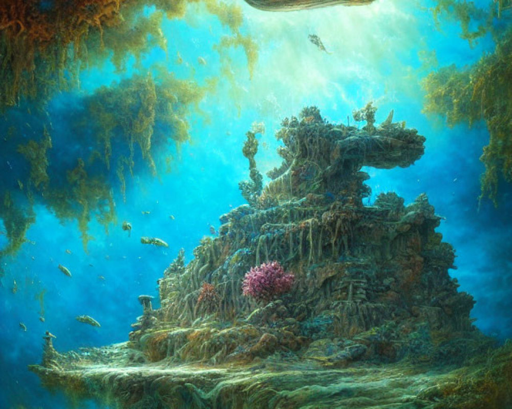 Sunken boat on coral rock with fish in mystical light