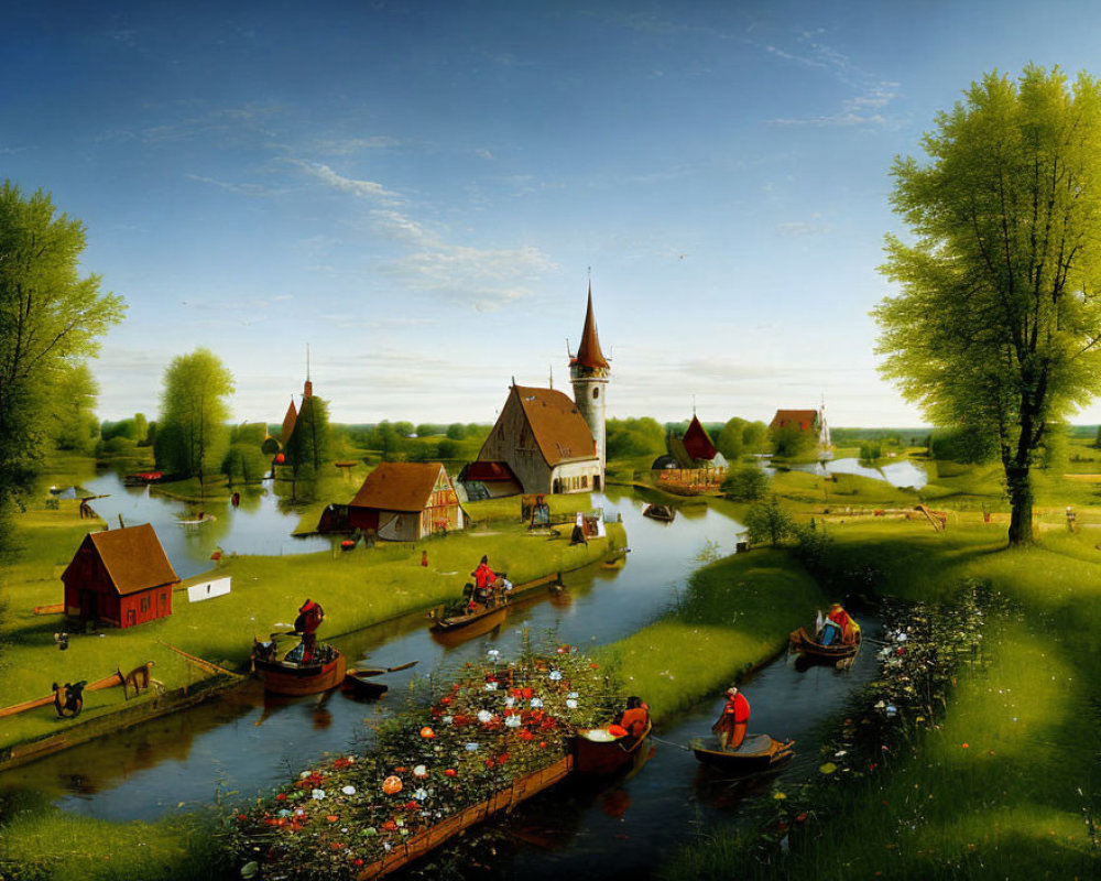 Tranquil village scene with red-roofed houses, church, waterways, boats, trees