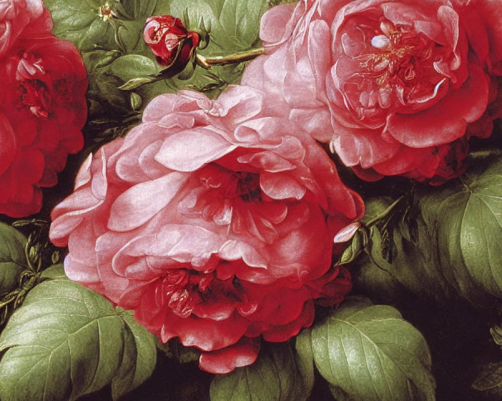 Detailed Close-Up of Vibrant Pink Roses with Lush Green Leaves