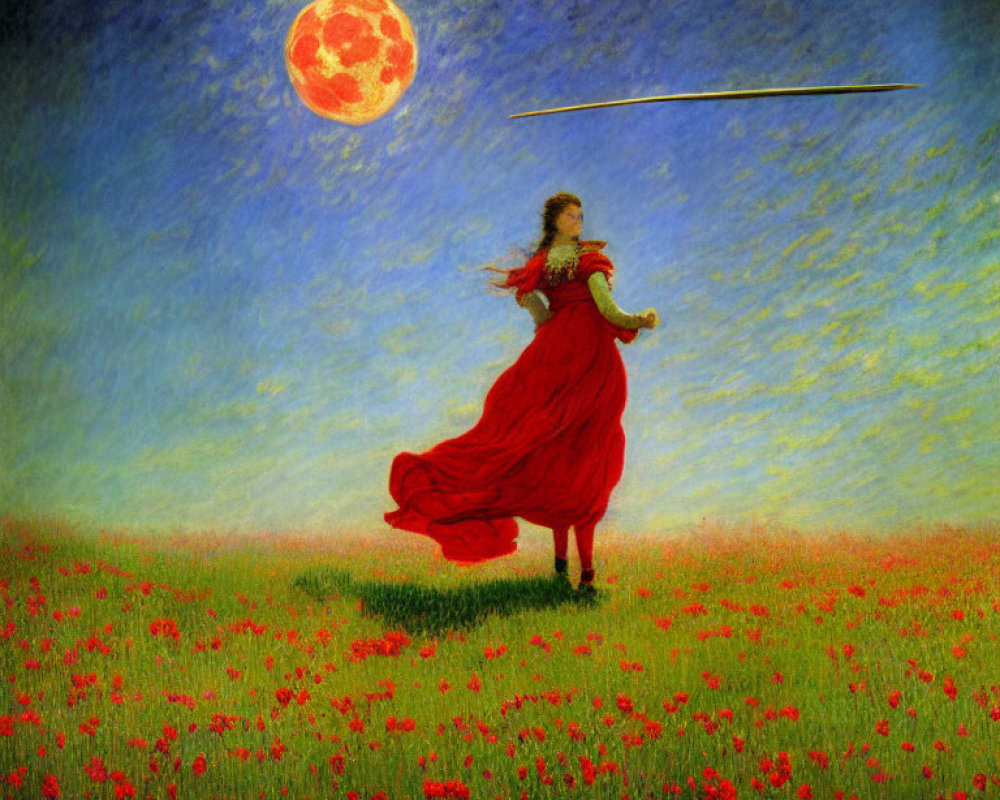 Woman in red dress in poppy field under red moon with shooting star