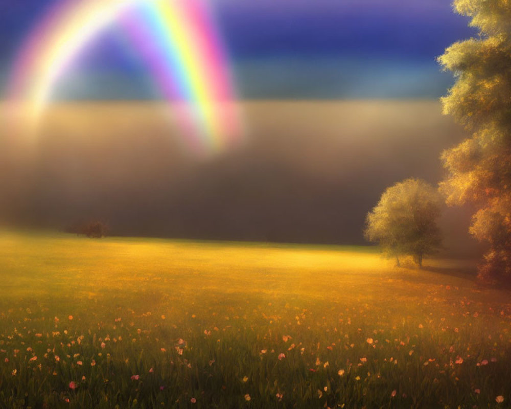 Vibrant rainbow over golden field with lone tree and pink flowers