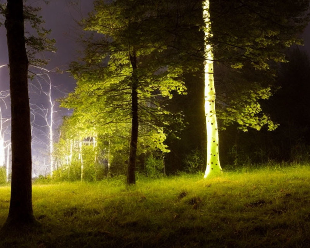 Nighttime forest scene illuminated by lightning strike showcasing trees and grassy area