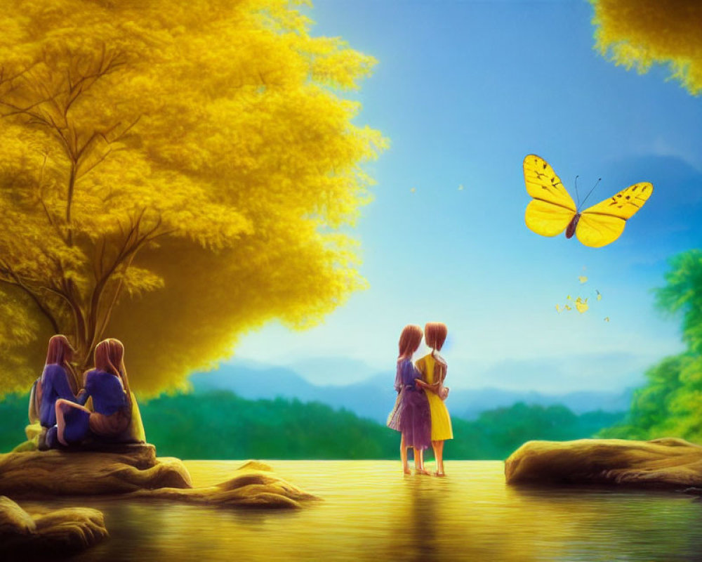 Animated characters in serene landscape with vibrant yellow trees and butterfly at sunset