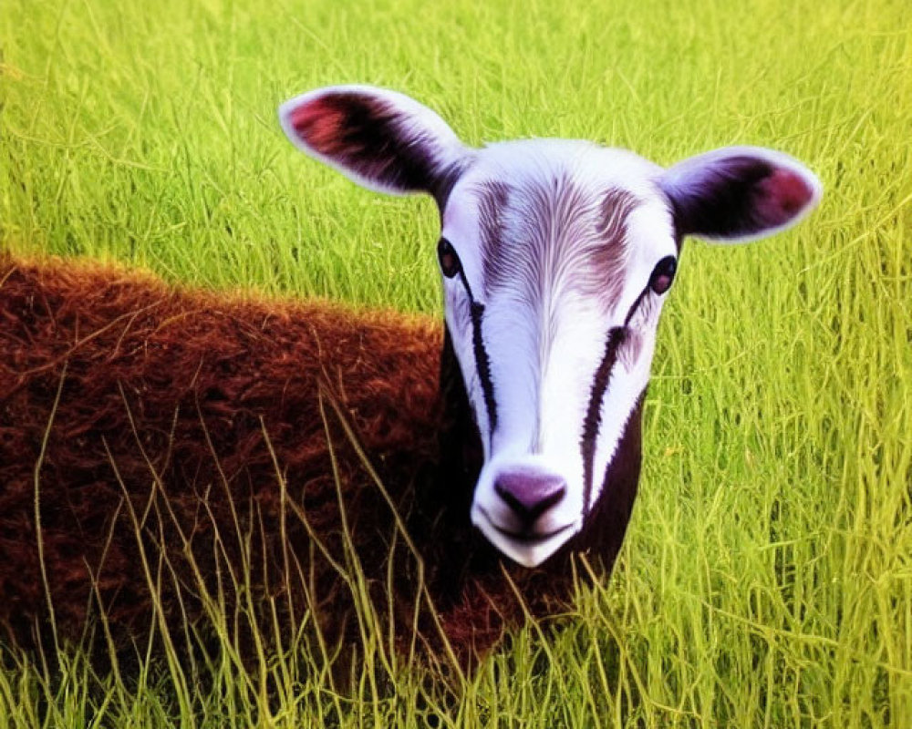 Brown and White Goat in Green Field with Twilight Sky