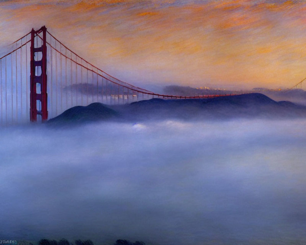 Iconic Golden Gate Bridge Sunrise with Orange and Blue Sky in Foggy Atmosphere