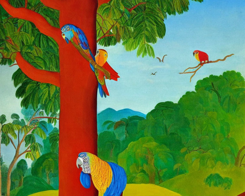 Colorful painting of red-trunked tree, parrots, and lush landscape