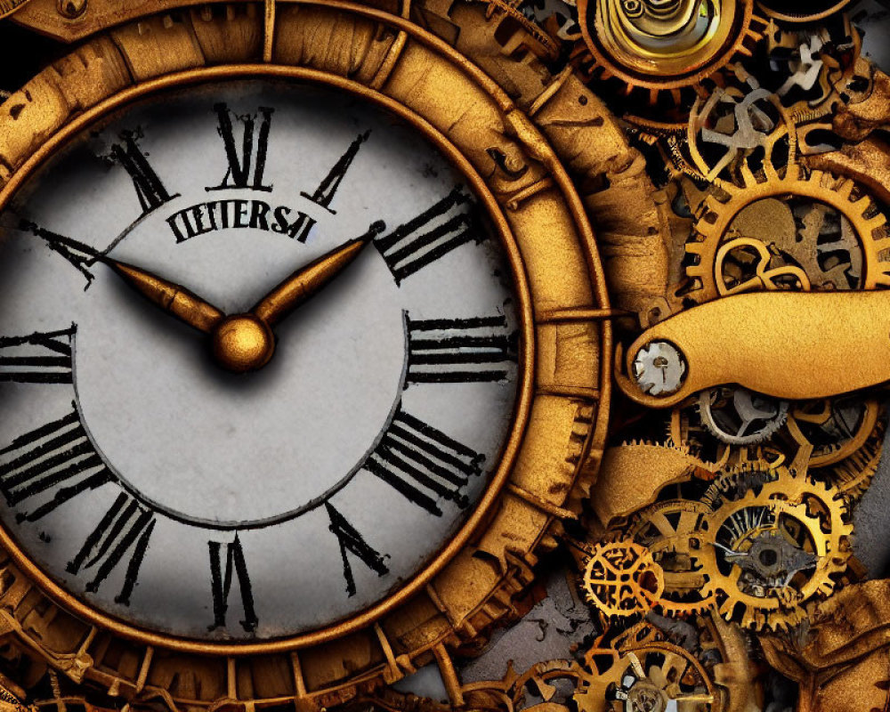 Steampunk-themed clock with Roman numerals and gears on metallic background