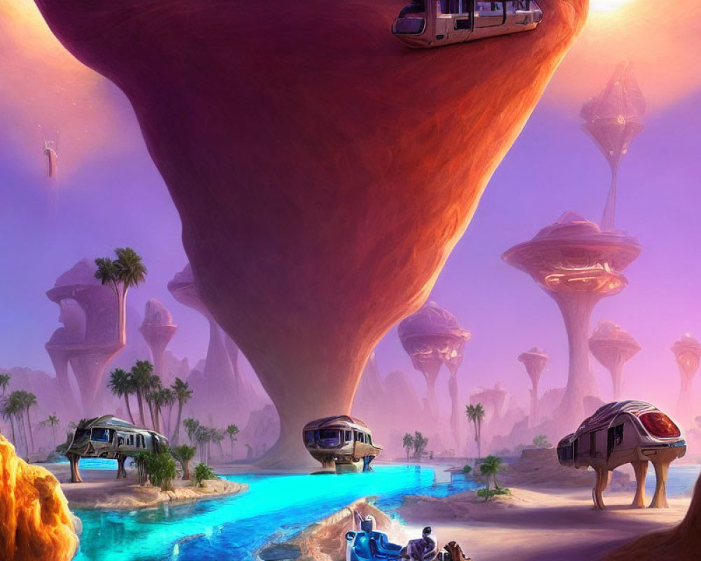 Futuristic sci-fi landscape with floating rocks, vehicles, and purple sky