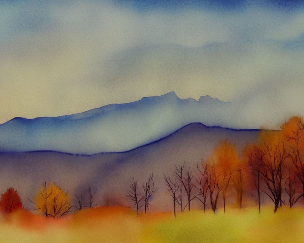 Scenic watercolor landscape of autumn hills and mountains