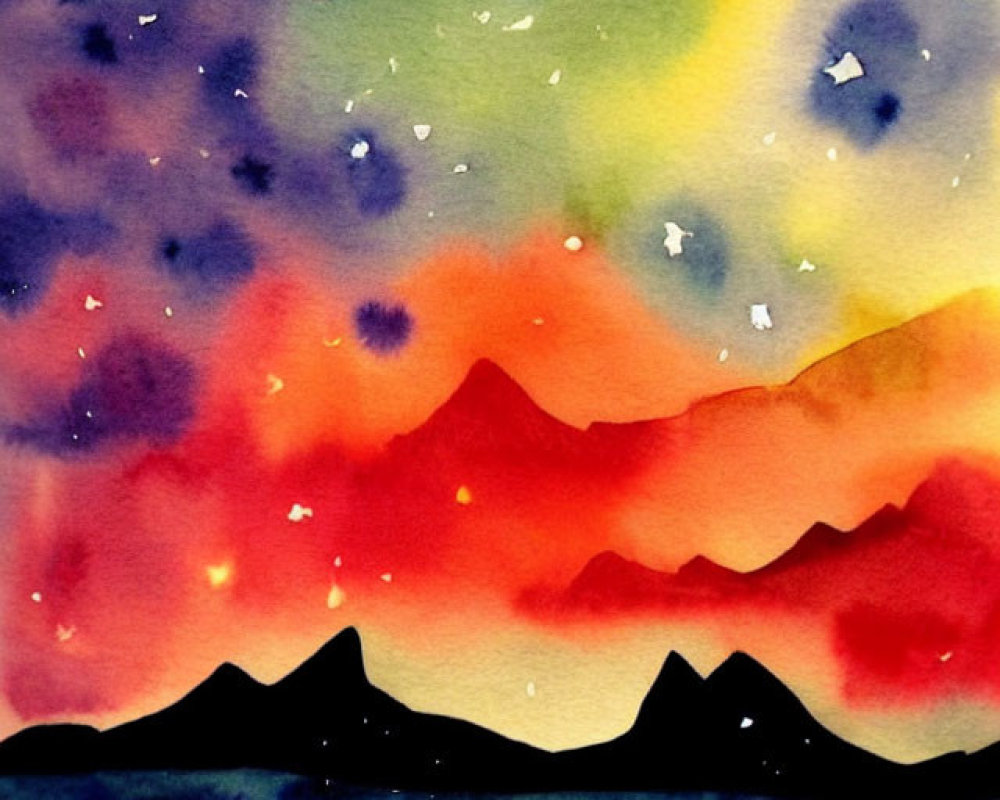 Vibrant Watercolor Painting of Starry Night Sky and Mountains