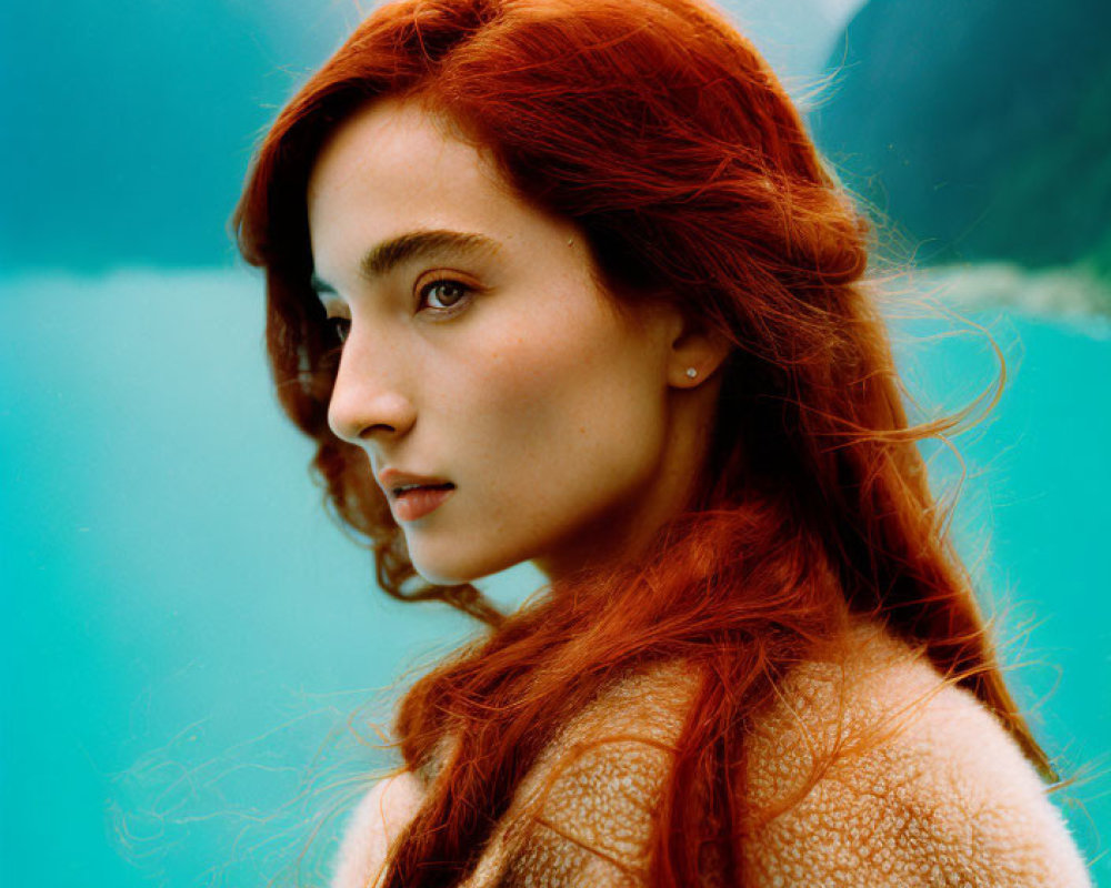 Red-haired woman with fair skin looking over shoulder by turquoise lake and green mountains