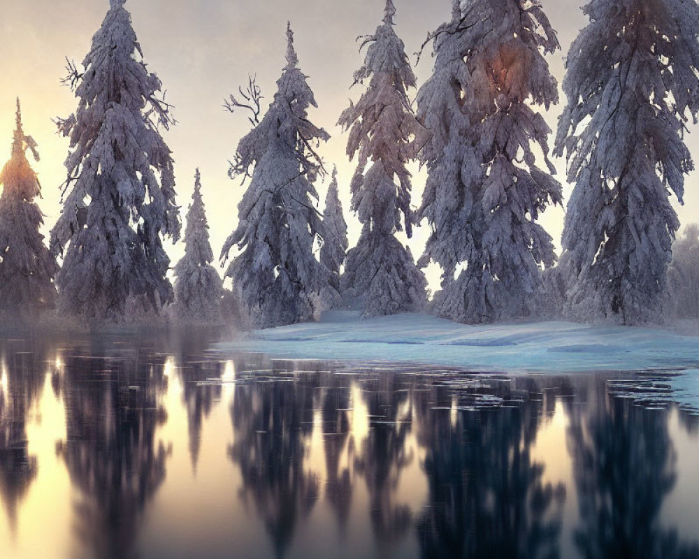 Frozen Lake Reflects Snow-Covered Trees at Sunrise