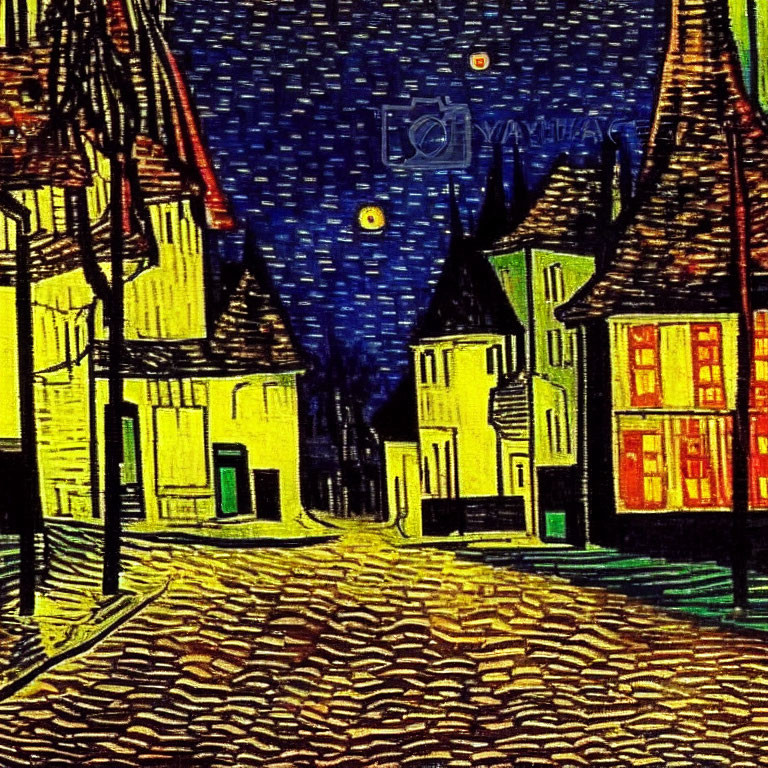 Vibrant Starry Night Painting of Small Town Street