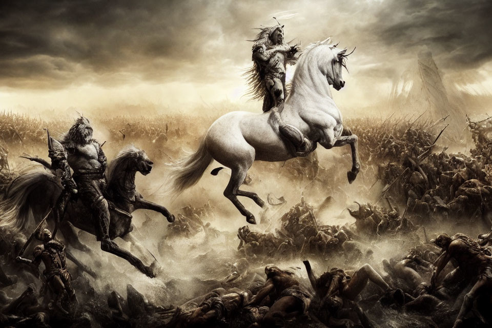 Three armored warriors on horseback in chaotic battlefield