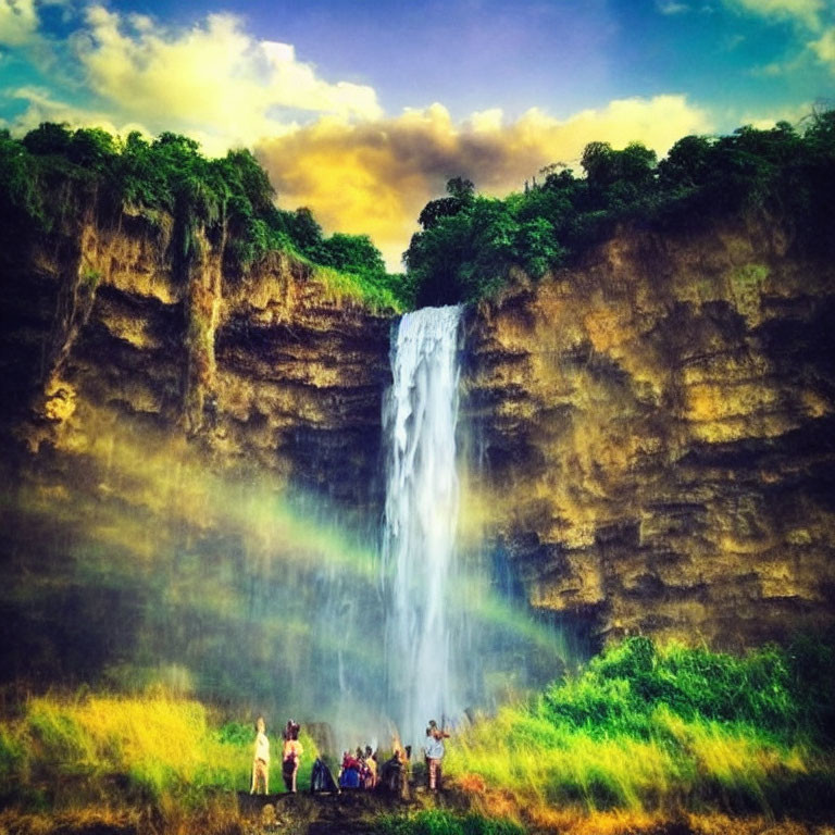 People gazing at tall waterfall in lush setting