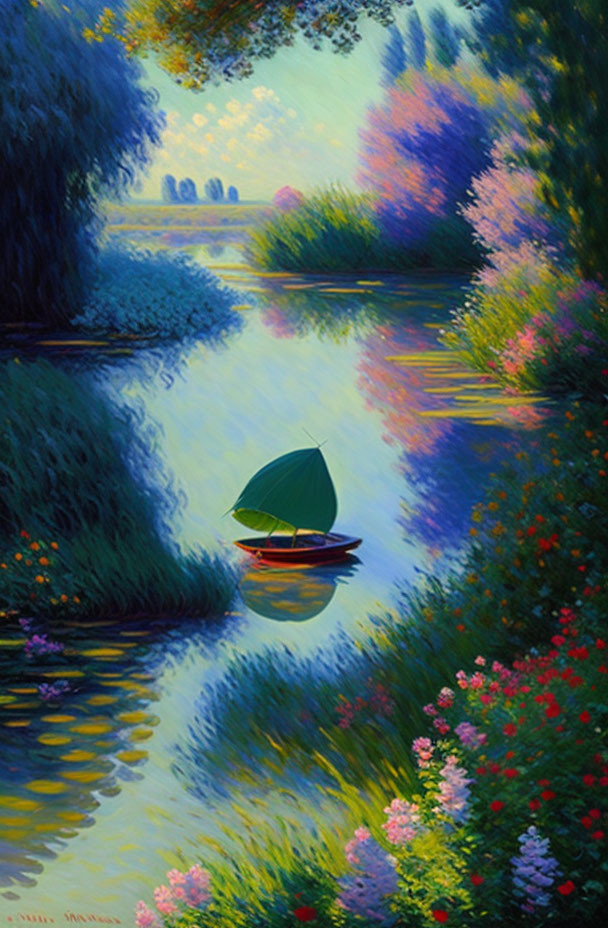 Colorful painting of small boat with green sail on serene river surrounded by lush flora