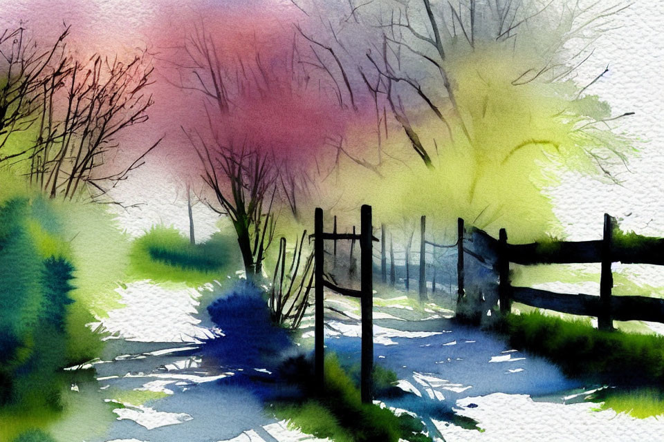 Vibrant watercolor painting of blurred landscape with wooden fence and leafless trees