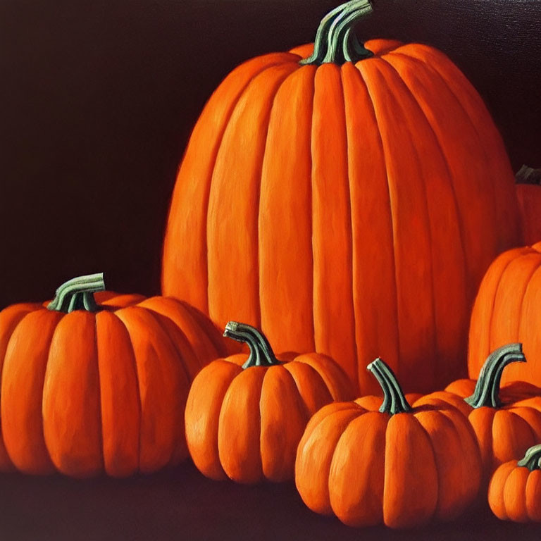 Vibrant orange pumpkins with curved green stems on dark background