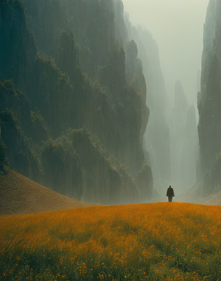 Person Walking Through Vibrant Orange Flower Field with Misty Cliffs