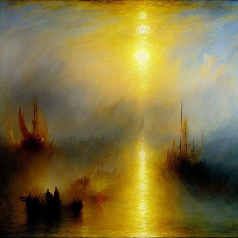 Misty seascape painting with golden sunlight and ships silhouette